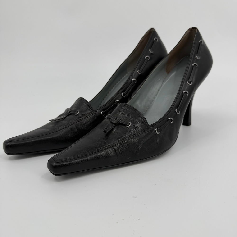 BCBG Paris Loafer Pump Pointed Toe Stiletto Y2K Womens Size 11 Black Leather
